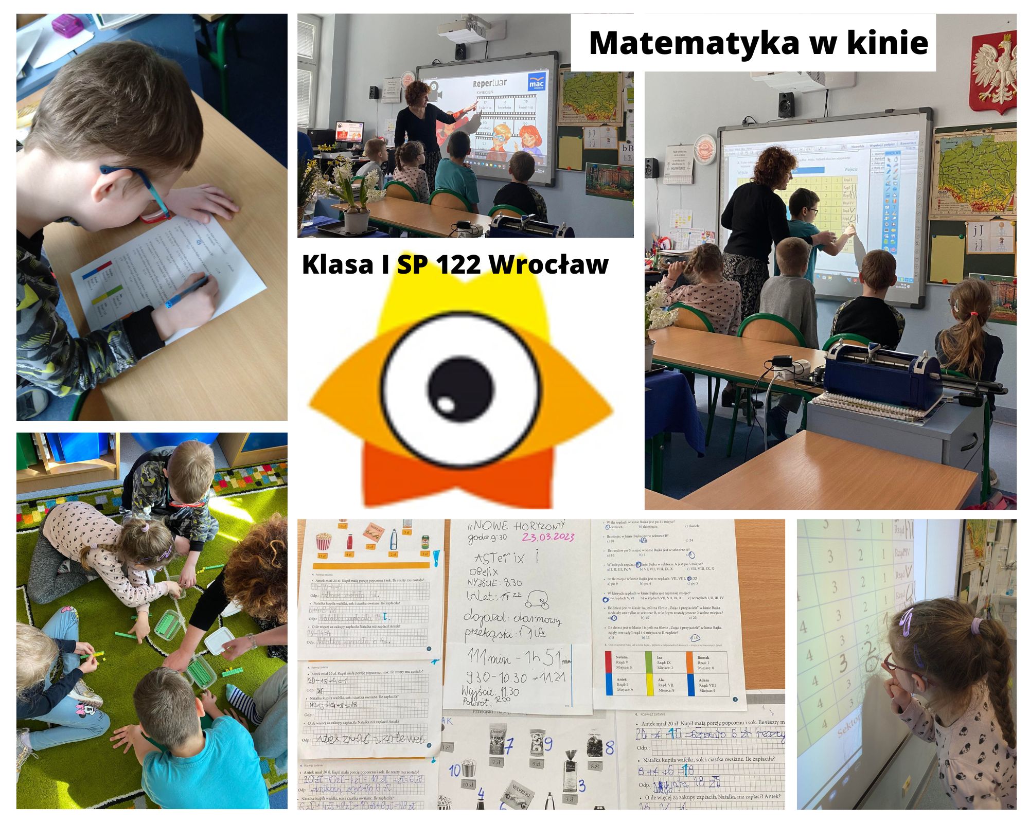 Kolaż zdjęć przedstawiający uczniów klasy I podczas rozwiązywania zadań projektowych - na tablicy multimedialnej, na kartach pracy i dokonujący obliczeń z wykorzystaniem systemu dziesiątkowego Montessori